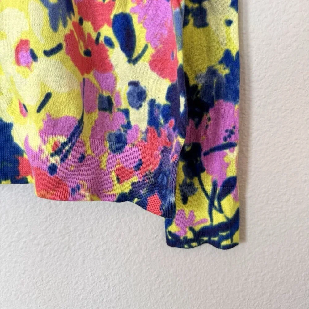 LOFT Womens Floral Cotton Sweater Cardigan V Neck Yellow Pink Petite Size LP - Picture 4 of 7